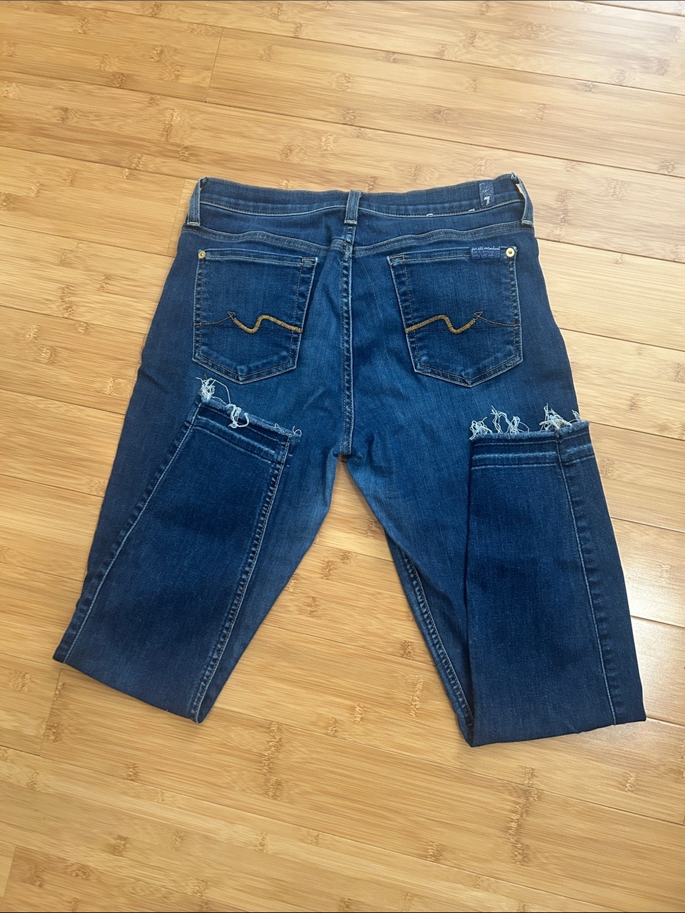 7 For All Mankind Dark Blue Straight Leg Jeans with Distressed Knees